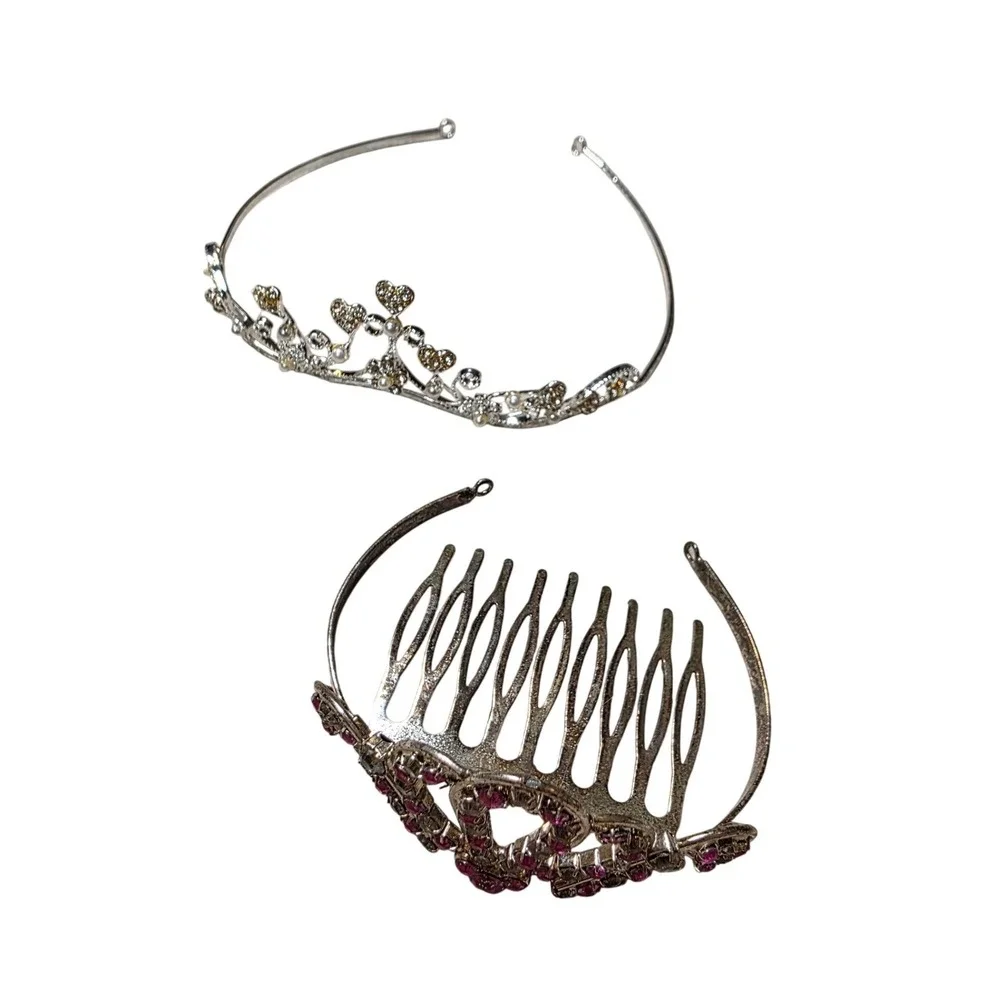 Princess Tiaras Pink Rhinestone Hair Comb and Heart Pearl Headband set of 2 H3
